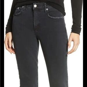 Agolde Toni Mid Rise Straight Leg Jeans Size 25 Raw Hem Black Distressed NWOT